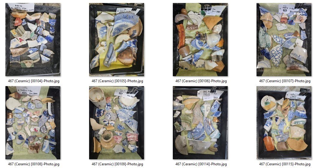Eight photographs of black plastic trays in two rows, each tray holding washed ceramic fragments laid out on a yellow or green cloth, mostly blue and white transfer-printed sherds with some stoneware and glazed earthenware, and a handwritten paper label in each tray. Under each photograph is its exported file name, from 467 (Ceramic) [00104]-Photo.jpg to 467 (Ceramic) [00115]-Photo.jpg.